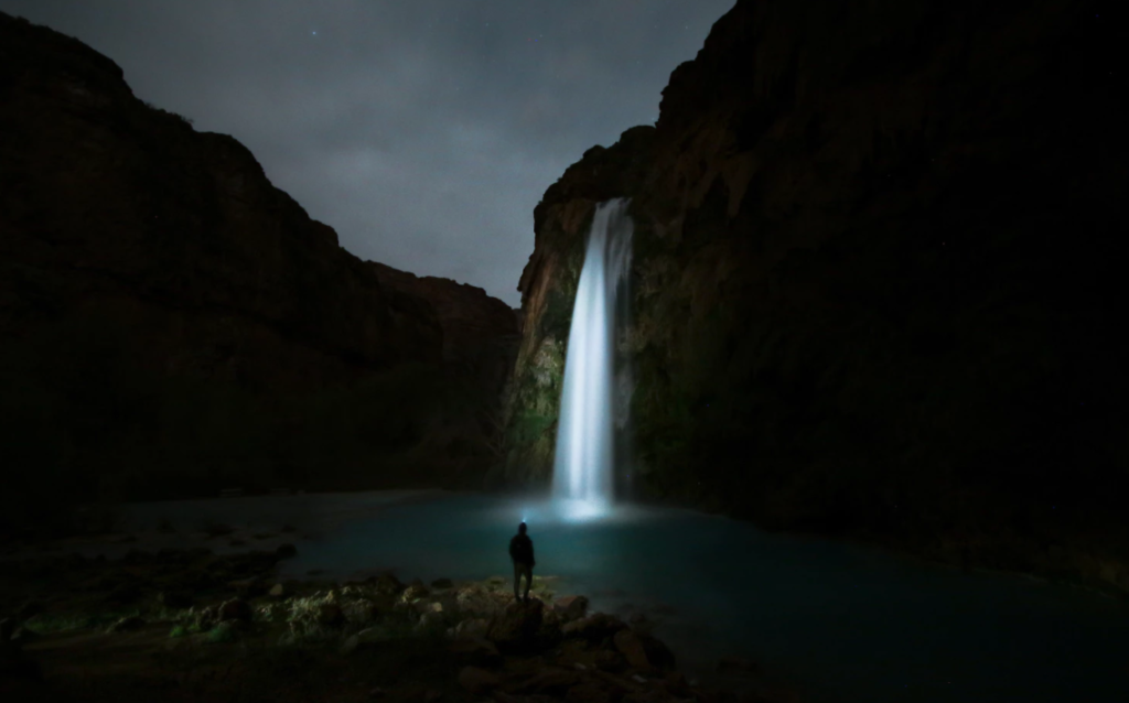 A nighttime exposure of Havasupai Falls at the northern end of the Grand Canyon