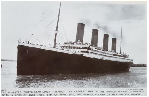 RMS Titanic at sea in 1912, the ocean liner that sank after striking an iceberg on April 14–15, 1912