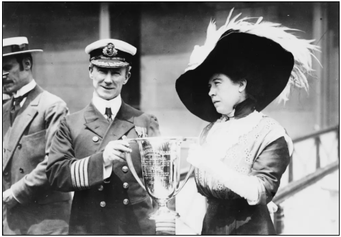 Margaret Brown presenting the Shipping Cup to Captain Arthur Rostron of the RMS Carpathia, in recognition of his rescue of Titanic survivors