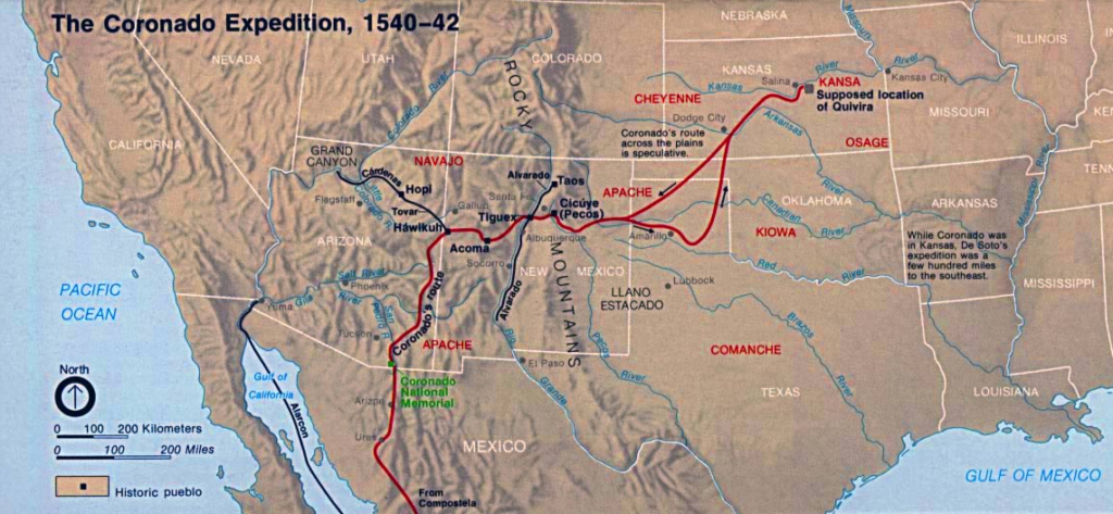 Route map of the Coronado expedition showing paths taken by the first Europeans American West.