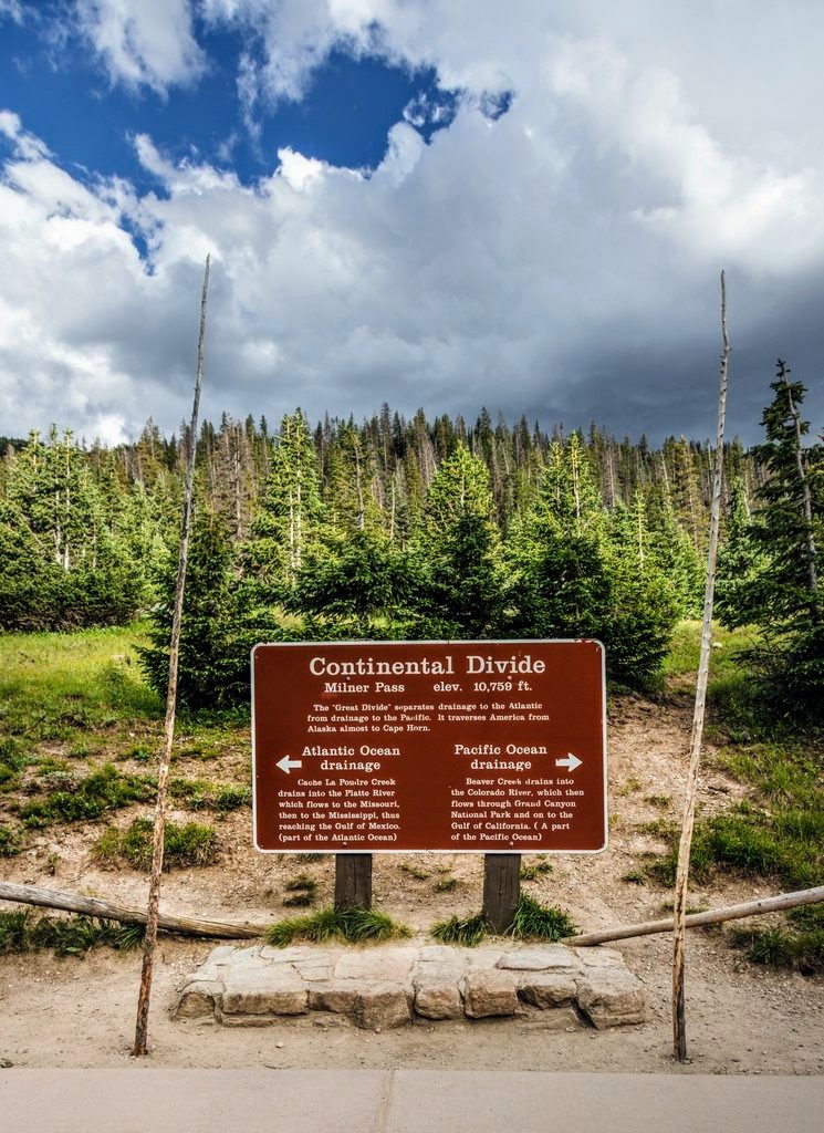 Brown wooden informational sign marking the Continental Divide at Milner Pass, elevation 10,758 feet.