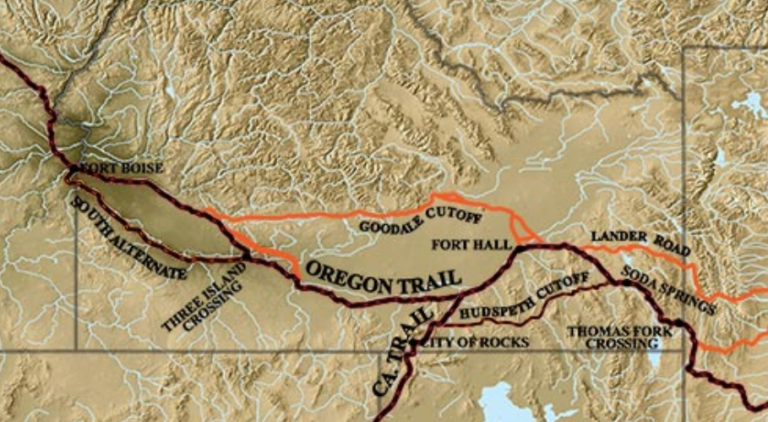 Illustrated map of the path the Oregon Trail through Idaho