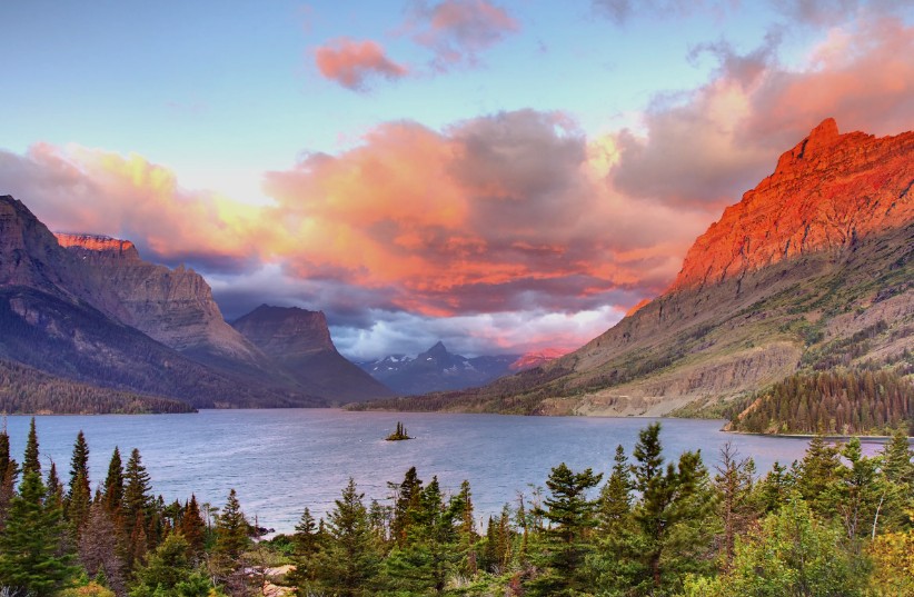 Dramatic photogram showing a sunrise over Saint Mary Lake in Glacier National Park, Montana.