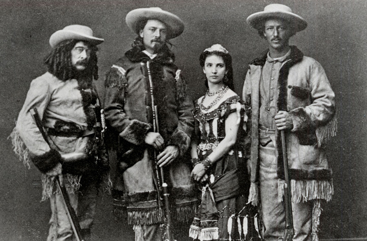 The 1872 publicity photo of Ned Buntline's western stage play, The Scouts of the Prairie with Ned Buntline, William Cody, Giuseppina Morlacchi, and John Baker.
