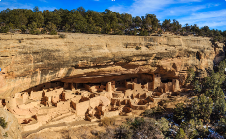 Landscape color photograph of the Cliff Palace at Mesa Verde National Park
