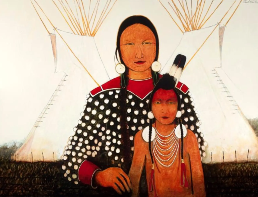 Acrylic painting of an Apsáalooke mother and son by Kevin Red Star. 
