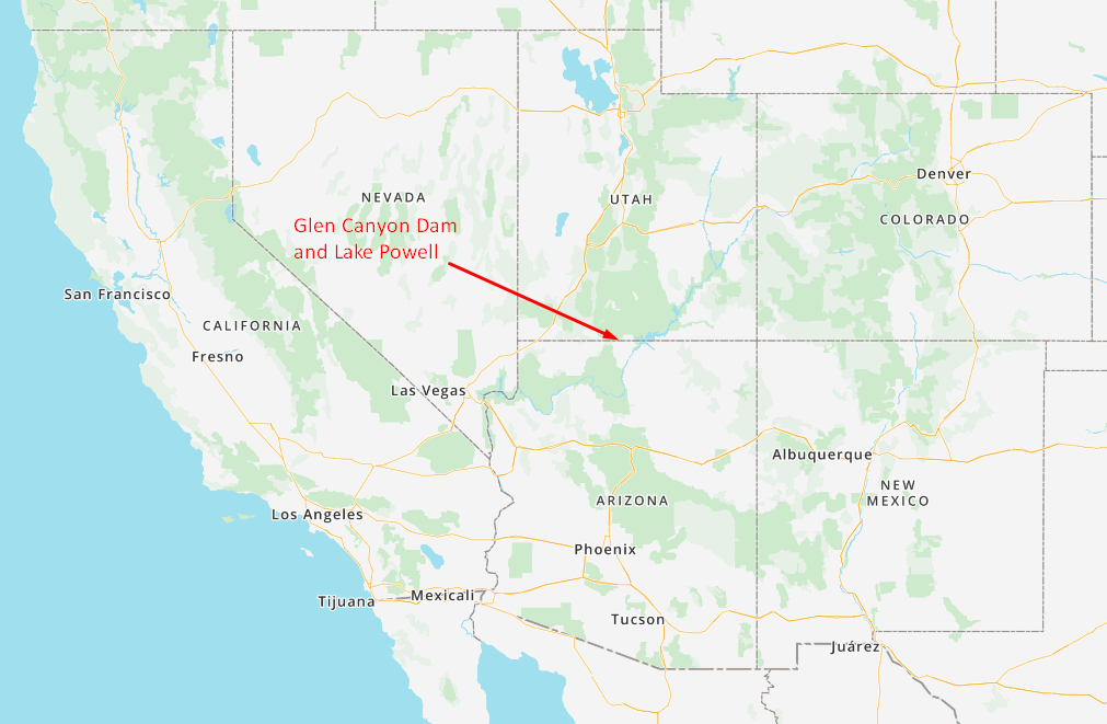 Regional map showing the location of Glen Canyon Dam and Lake Powell in Northern Arizona