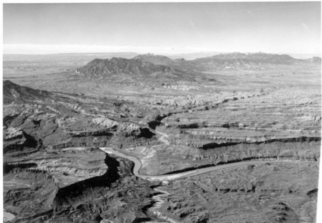 Black and white aerial photo of Glen Canyon and Colorado River before dam construction