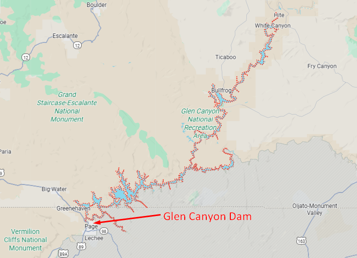 Map of Lake Powell extending from Northern Arizona into Southern Utah