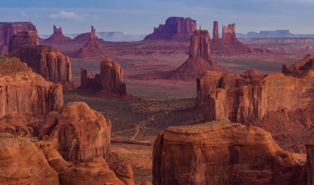 Panoramic view of Monument Valley’s red rock buttes and mesas from the Visitor Center Overlook