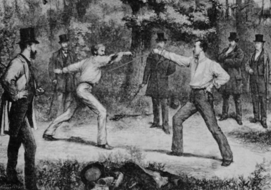 Two men dueling in the 1870s American West similar to the duel challenge faced by Mark Twain in Virginia City Nevada