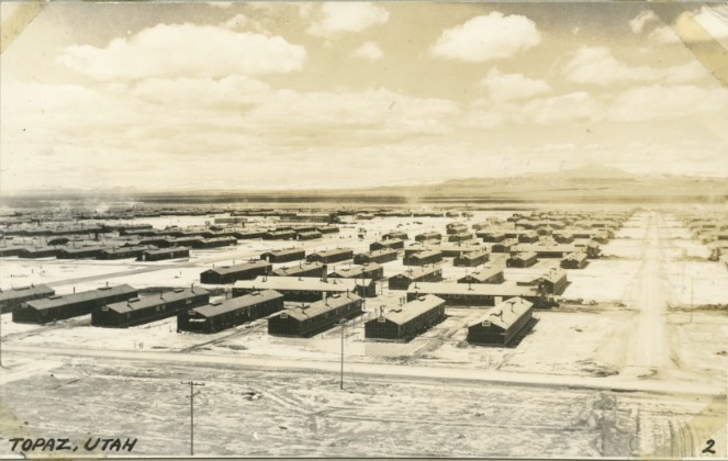 Historical black and white photo of the Topaz Mountain Internment Camp during World War 2 near Delta Utah