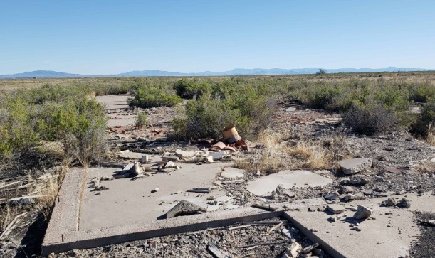 Concrete foundation remains of a barracks home at the former Topaz internment camp site in Utah desert