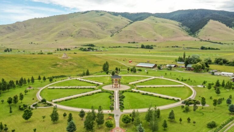 Aerial photo of the Garden of One Thousand Buddahs near Missoula Montana
