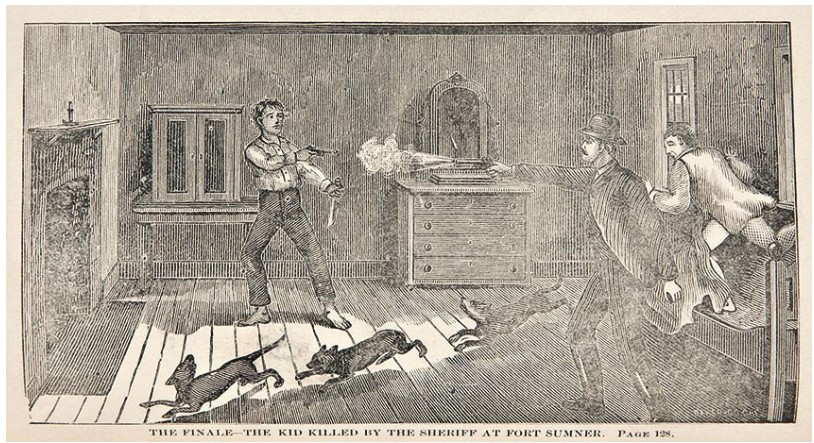 Period illustration depicting the death of Billy the Kid, shot by Sheriff Pat Garrett at Fort Sumner, New Mexico, July 14, 1881