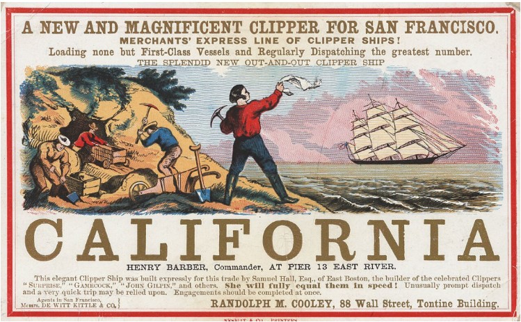 Vintage illustration of 1849 Gold Rush miners digging for gold while a clipper ship sails in the distance, with 'CALIFORNIA' in large letters, representing the growth of the West after the Treaty of Guadalupe Hidalgo.
