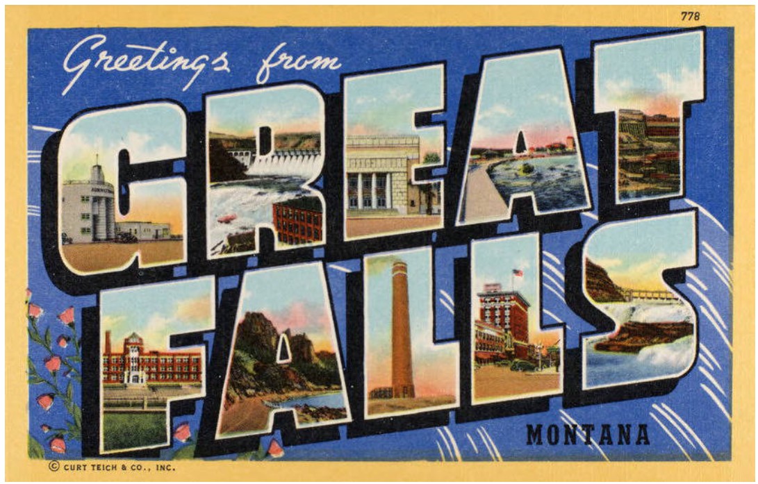 Vintage "Greetings from Great Falls Montana" postcard showing historic landmarks and the Missouri River dams