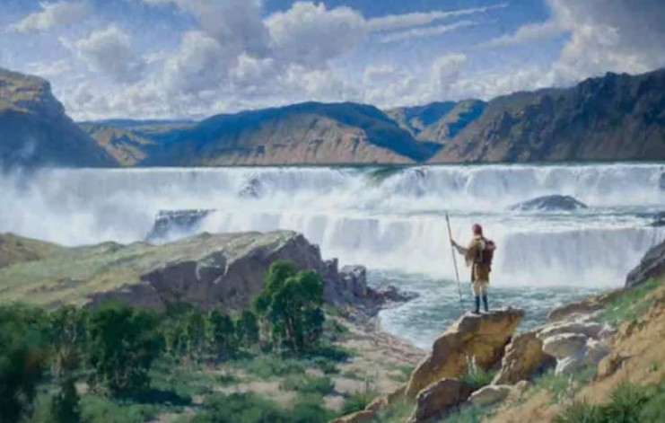 Painting of Meriwether Lewis standing at the Great Falls of the Missouri River Montana in 1805