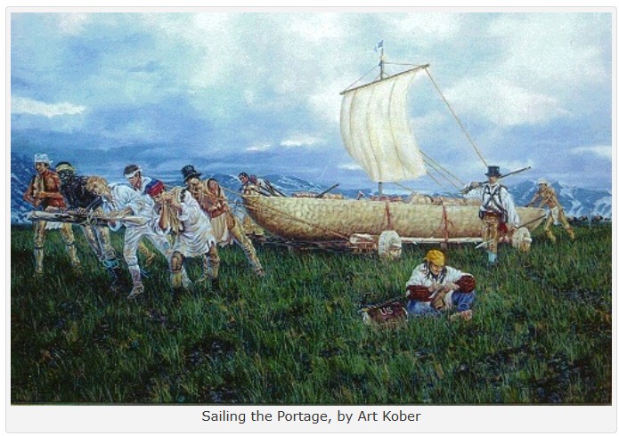 Sailing the Portage" by Art Kober depicting Lewis and Clark hauling canoes overland at Great Falls Montana