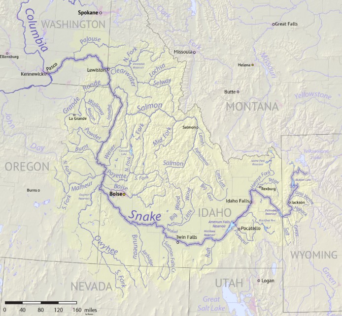 Map showing the path of the Snake River through Idaho