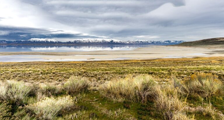 A wintertime view looking southeast toward the Wasatch Mountains from Antelope Island in the Great Salt Lake.