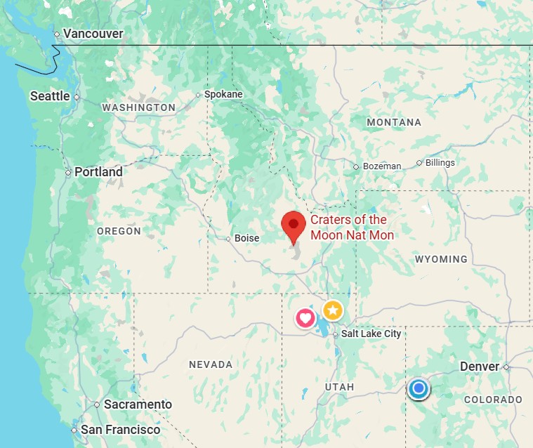 Map of the Pacific Northwest and Intermountain West showing the location of Craters of the Moon National Monument in south-central Idaho.