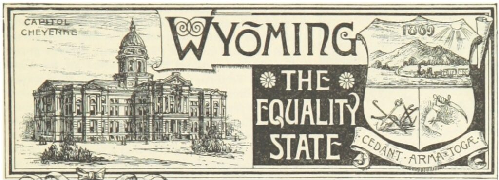Vintage black and white ink illustration featuring the Cheyenne State Capitol building and a banner reading Wyoming The Equality State