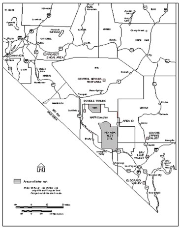 Black and white regional map detailing the Nevada Test Site location, including the Central Nevada Test Area and Area 51, in relation to Las Vegas.