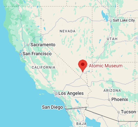 Regional map of the Southwestern United States highlighting the location of the Atomic Museum in Las Vegas, Nevada, near California, Arizona, and Utah.