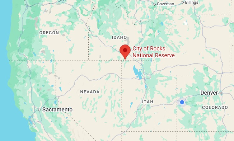 The location of the City of Rocks National Reserve in southeast Idado. It is shown in relation to other states in the Intermountain West.