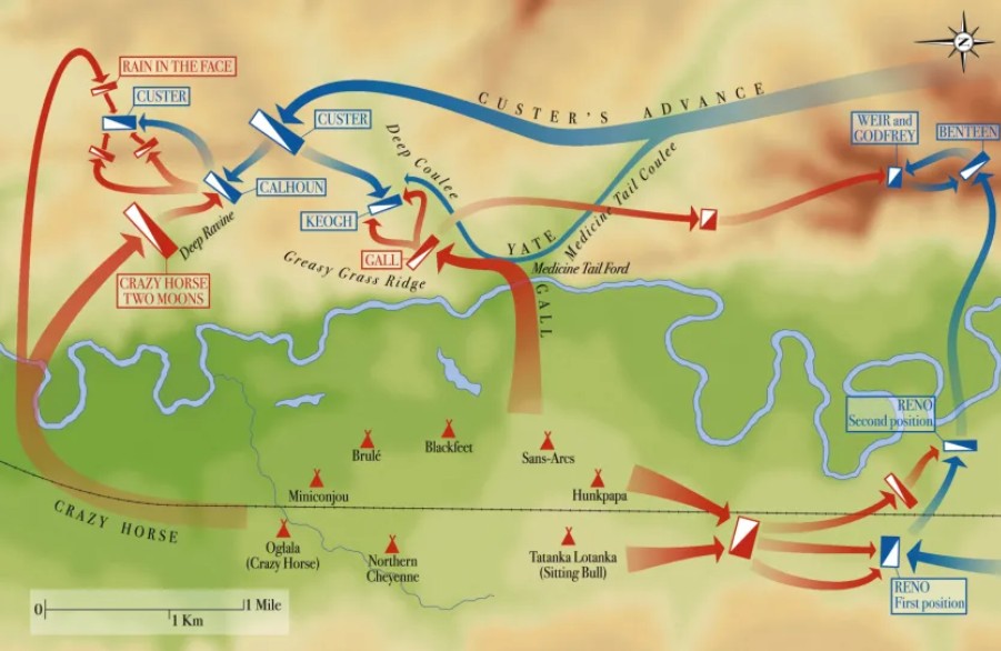 Battle of the Little Bighorn troop movements map George Armstrong Custer Montana