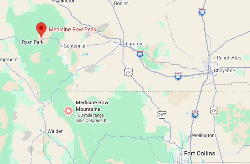 Map showing the location of Medicine Bow Peak in the Medicine Bow Mountains of Wyoming.