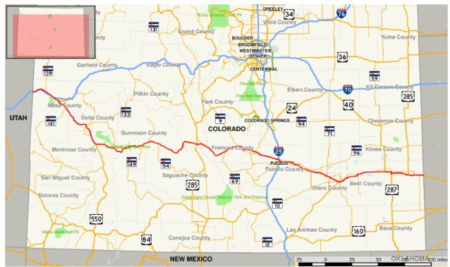 Map of US Highway 50 route highlighted in red crossing the state of Colorado.