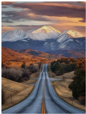 Symmetrical view of a highway pointing directly toward a massive snow-capped mountain peak at sunset.