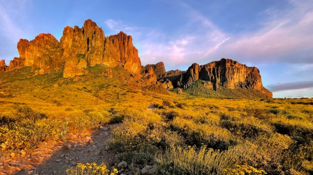 Dramatic warm golden light illuminating the mountain cliffs above desert shrubs at sunset.