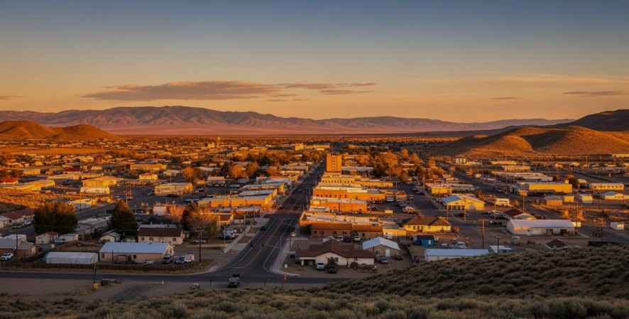 Aerial view of downtown Winnemucca Nevada bathed in golden hour sunset light with distant desert mountains.