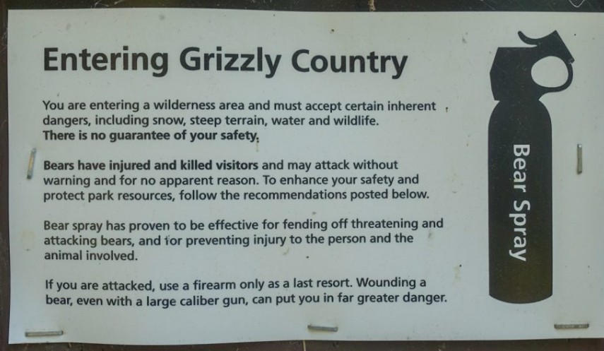 Wilderness warning sign reading Entering Grizzly Country with bear spray safety tips.