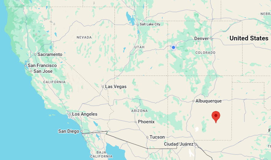 An excerpt from Google Maps showing the location of the City of Roswell in New Mexico.
