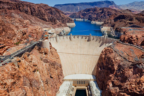 Color photograph of Hoover Dam from the front.