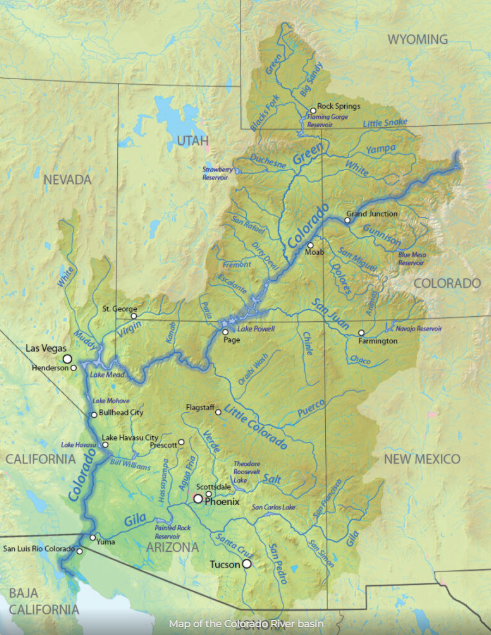 Map of the Colorado River basin from the headwaters down to Mexico.