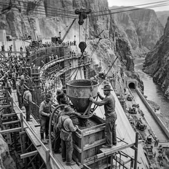 Historical black and white photograph of Hoover Dam under construction in the early 1930s.