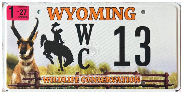 Modern 2026-27 Wyoming wildlife conservation license plate with bucking horse logo.