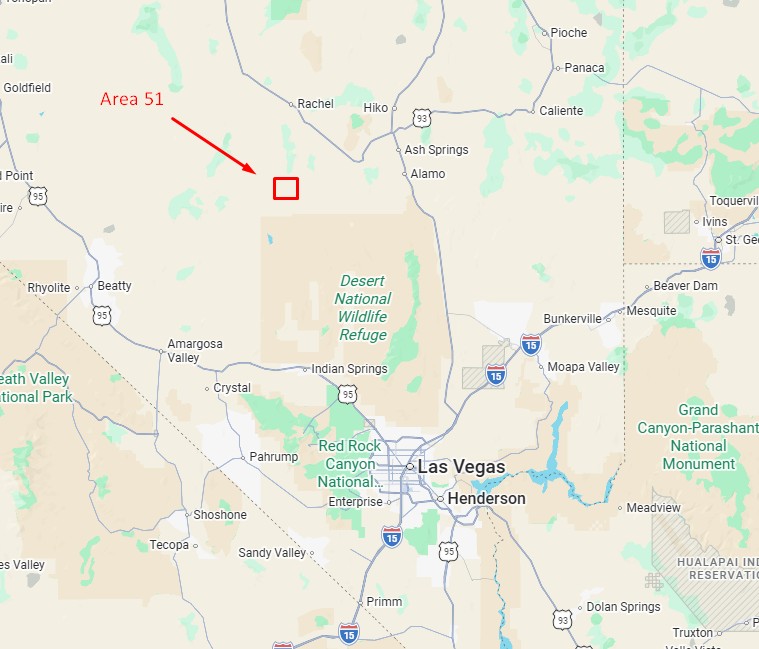 Map showing the location of Area 51 in the Nevada desert north of Las Vegas.