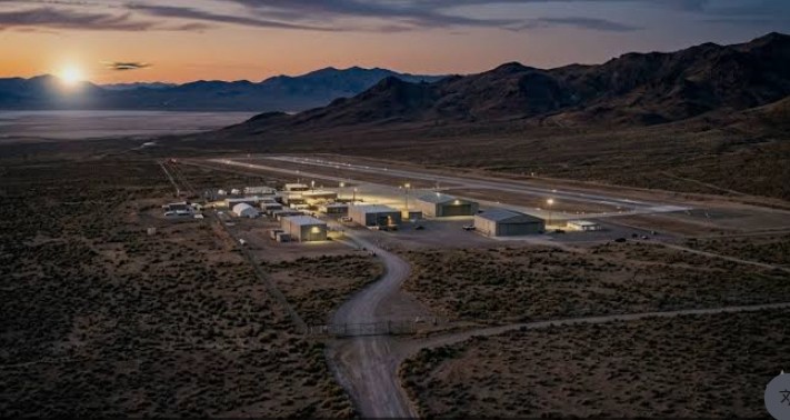 Area 51 at sunset in the remote Nevada desert near Groom Lake.