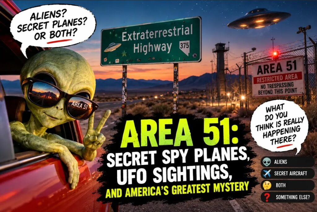 A custom infographic that is cartoonish showing an alien passing by Area 51 in a car.