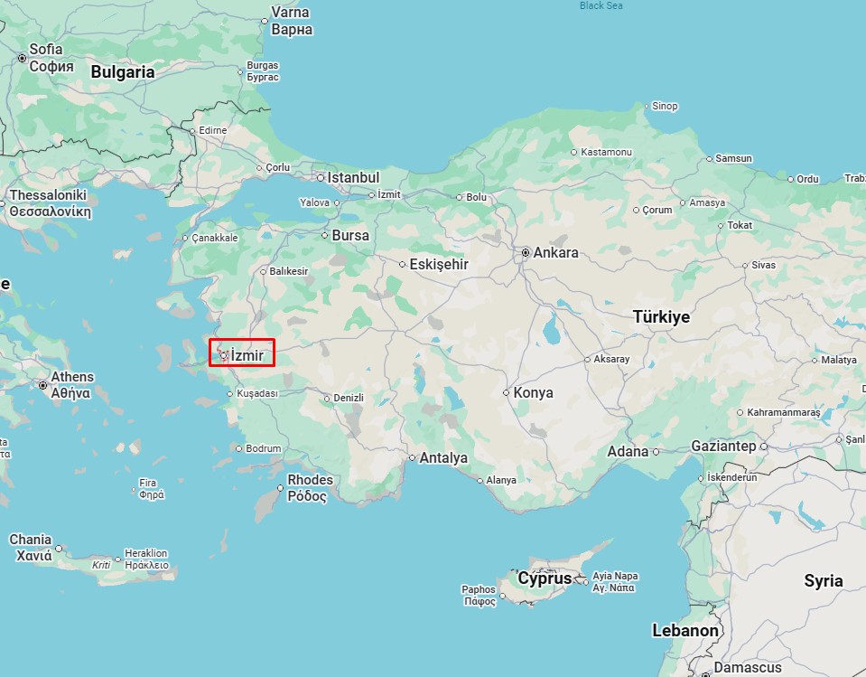 Map showing Izmir, Turkey, probable birthplace of Hadji Ali
