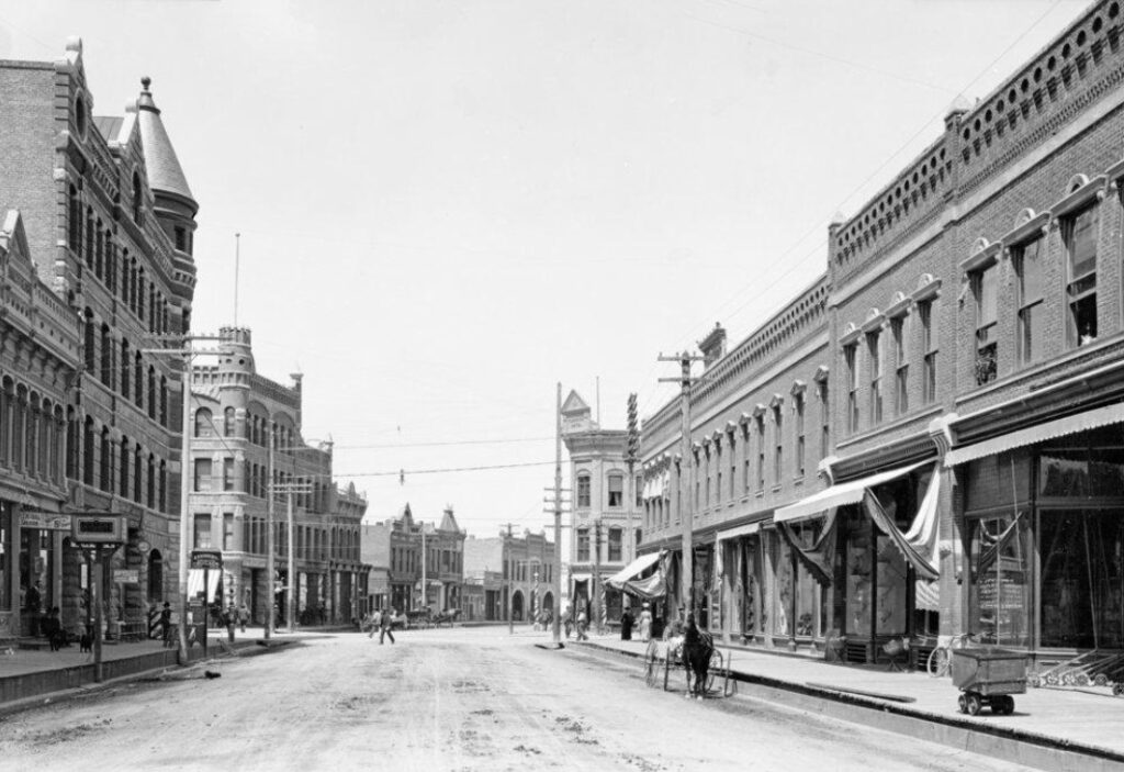 Historic view of downtown Missoula, Montana, circa 1900.