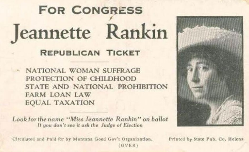 Jeannette Rankin's 1916 Montana congressional campaign card featuring her portrait and Republican platform, including women's suffrage.