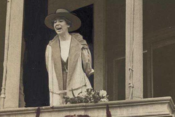 Jeannette Rankin speaks from a balcony in Washington, D.C., on April 2, 1917, four days before voting against U.S. entry into World War I.