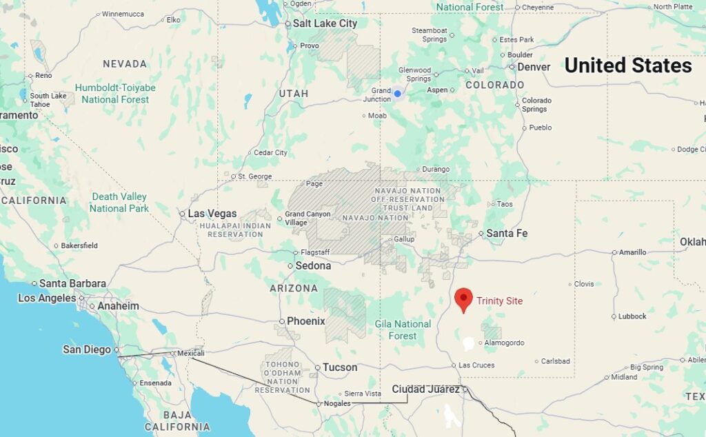 Map of the American Southwest showing the Trinity Test Site in central New Mexico, where the first atomic bomb explosion created Trinitite glass in 1945